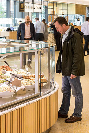 A food display cabinet at Barangaroo that is easily viewed by people at all heights.