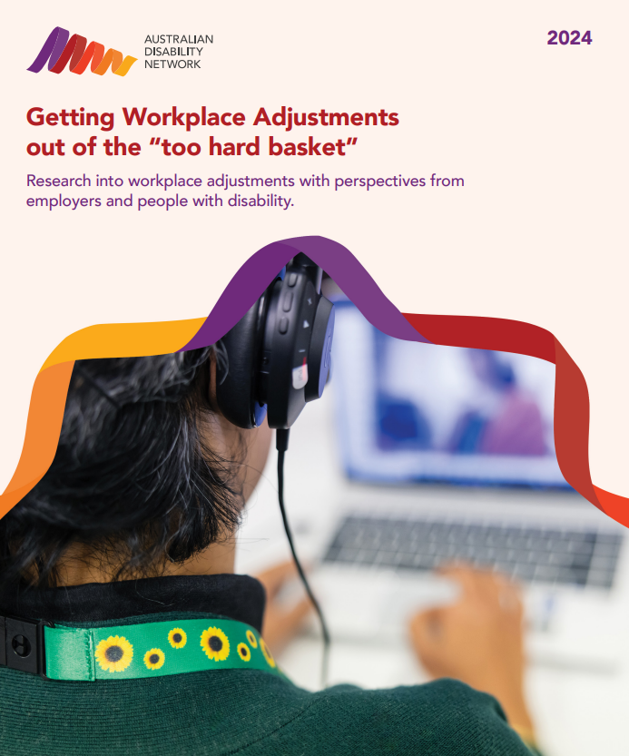 The front cover of the Workplace Adjustments Report. A woman wearing a lanyard is typing on her laptop. 