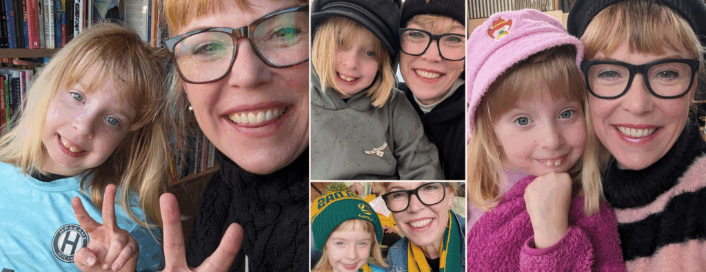 A collage of Jennie Huxley (Caucasian female) with her daughter Layla (Caucasian child) at various outings.